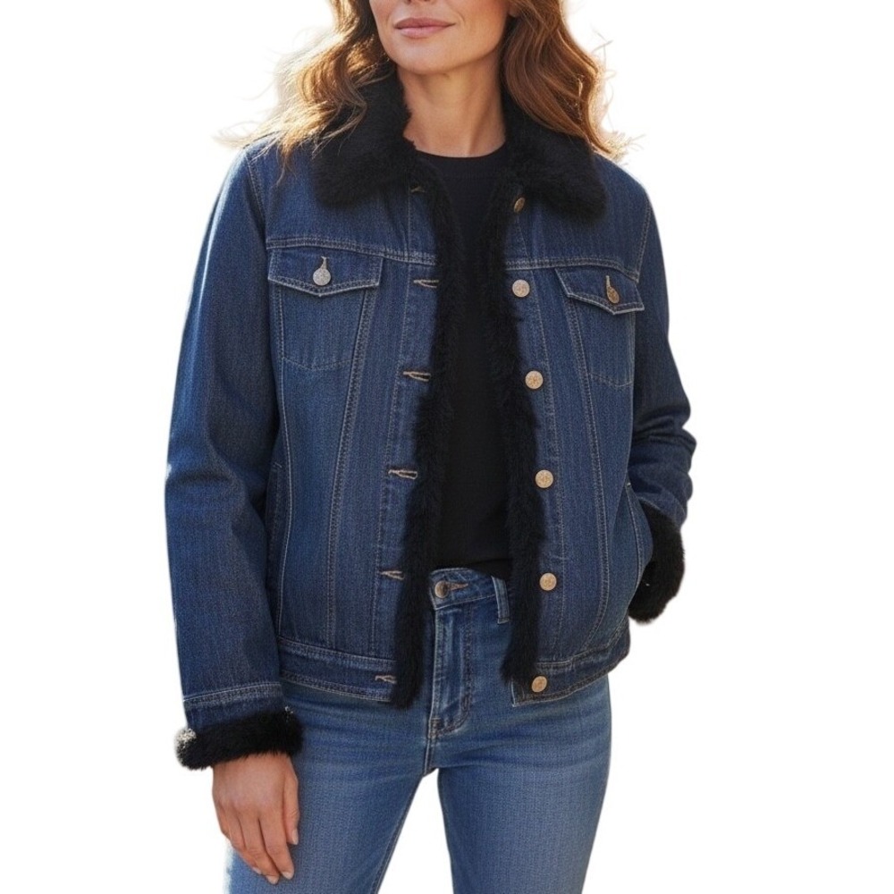 Dennis Basso Denim Jacket Womens Medium Blue Faux Fur Trim Trucker Coat Cotton